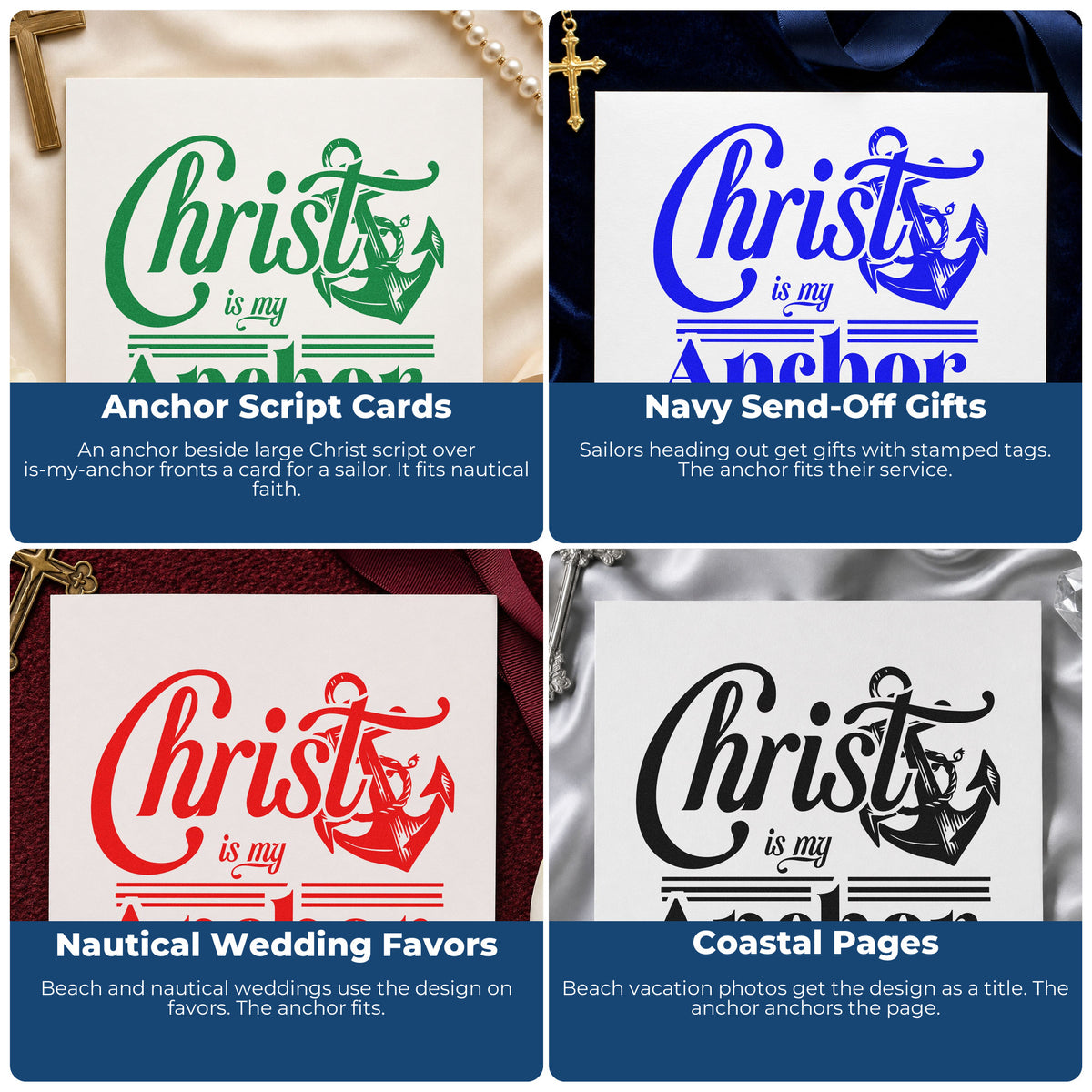 Four ways to use the Christ Is My Anchor Pre-Inked Stamp – Slim: anchor script cards, navy send-off gifts, nautical wedding favors and coastal pages.