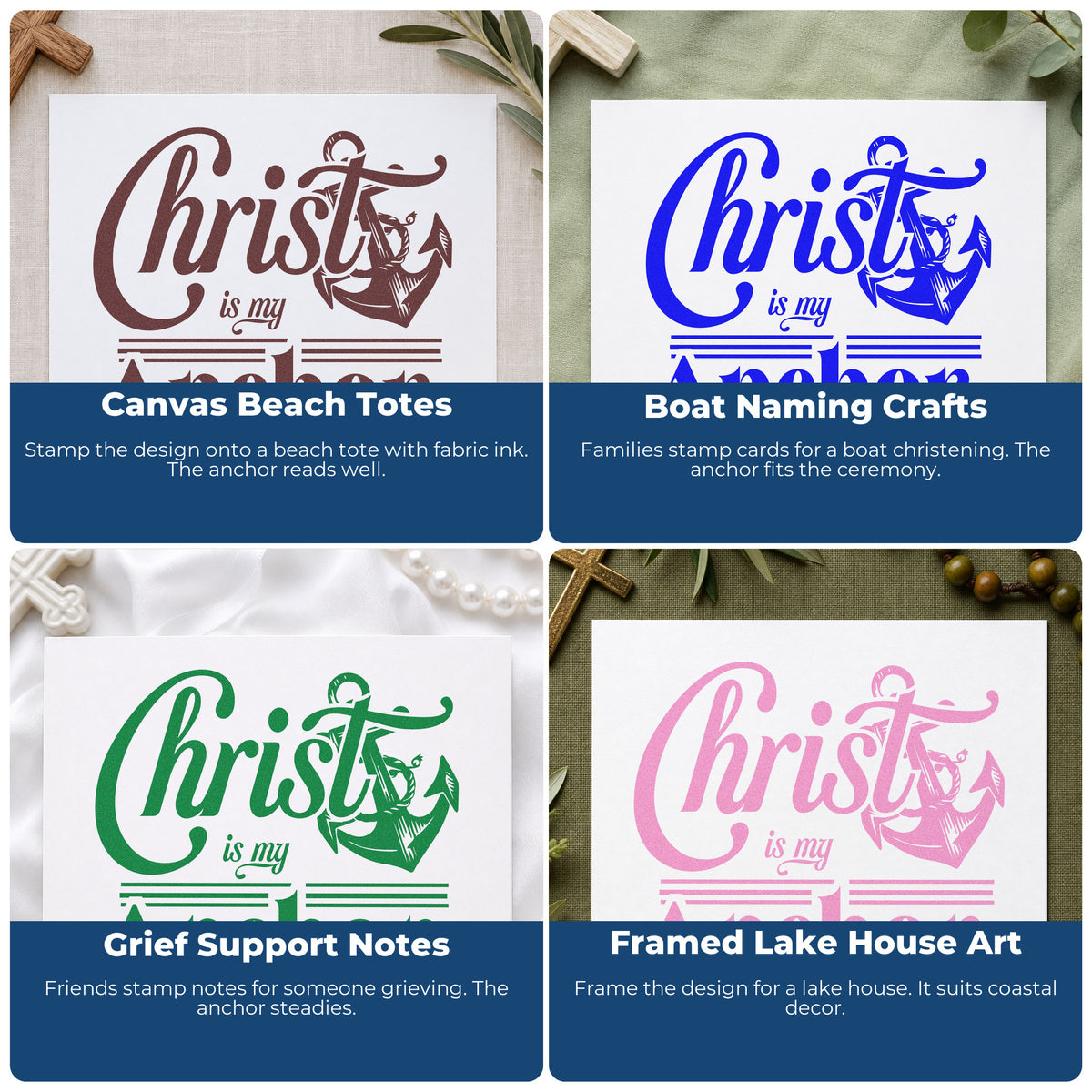 Four ways to use the Christ Is My Anchor Pre-Inked Stamp – Slim: canvas beach totes, boat naming crafts, grief support notes and framed lake house art.
