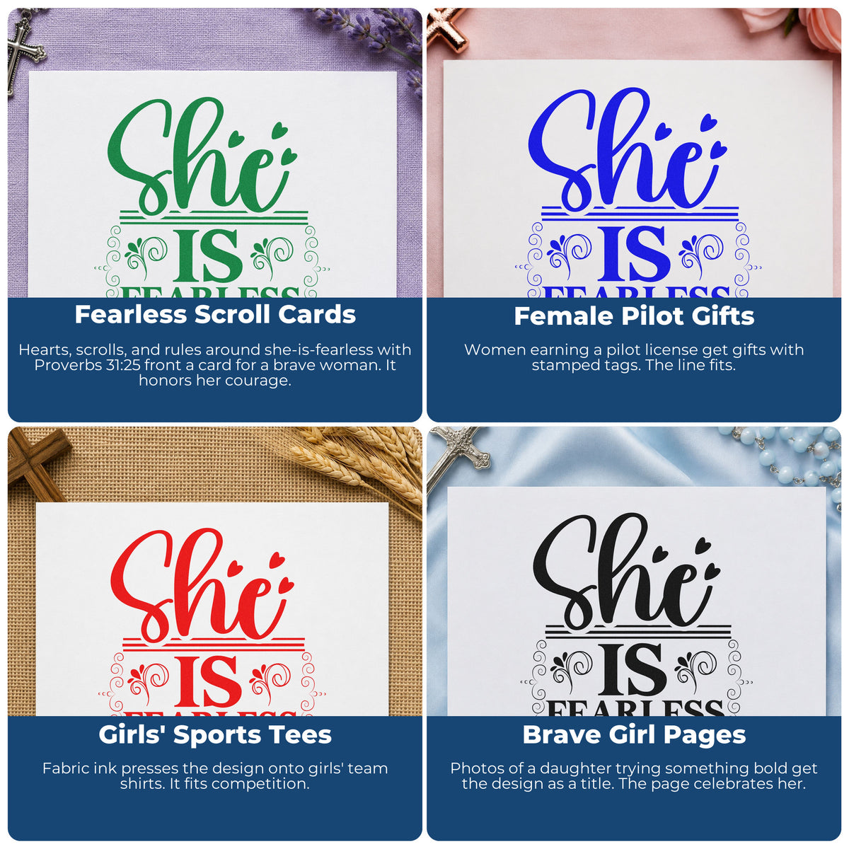 Four ways to use the She Is Fearless With Hearts Pre-Inked Stamp – PSI: fearless scroll cards, female pilot gifts, girls' sports tees and brave girl pages.