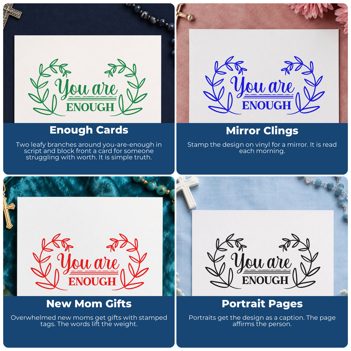 Four ways to use the You Are Enough Wreath PSI Pre-Inked Stamp: enough cards, mirror clings, new mom gifts and portrait pages.