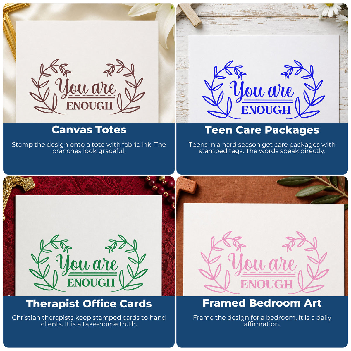 Four ways to use the You Are Enough Wreath PSI Pre-Inked Stamp: canvas totes, teen care packages, therapist office cards and framed bedroom art.