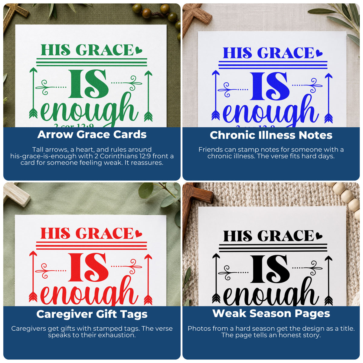 Four ways to use the His Grace Is Enough Arrows With Hearts Stamp - Premium Vintage Pro Wooden: arrow grace cards, chronic illness notes, caregiver gift tags and weak season pages.