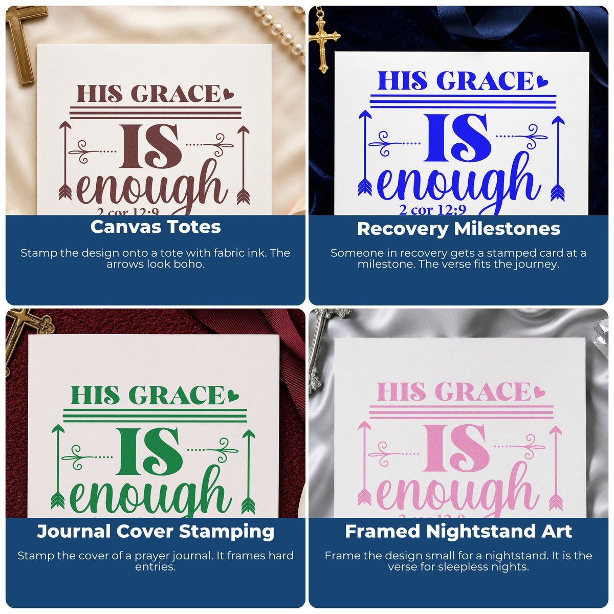 Four ways to use the His Grace Is Enough Arrows With Hearts Slim Pre-Inked Stamp: canvas totes, recovery milestones, journal cover stamping and framed nightstand art.