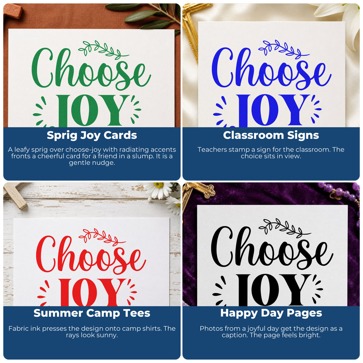 Four ways to use the Choose Joy Botanical Sprig Wood Handle Stamp: sprig joy cards, classroom signs, summer camp tees and happy day pages.