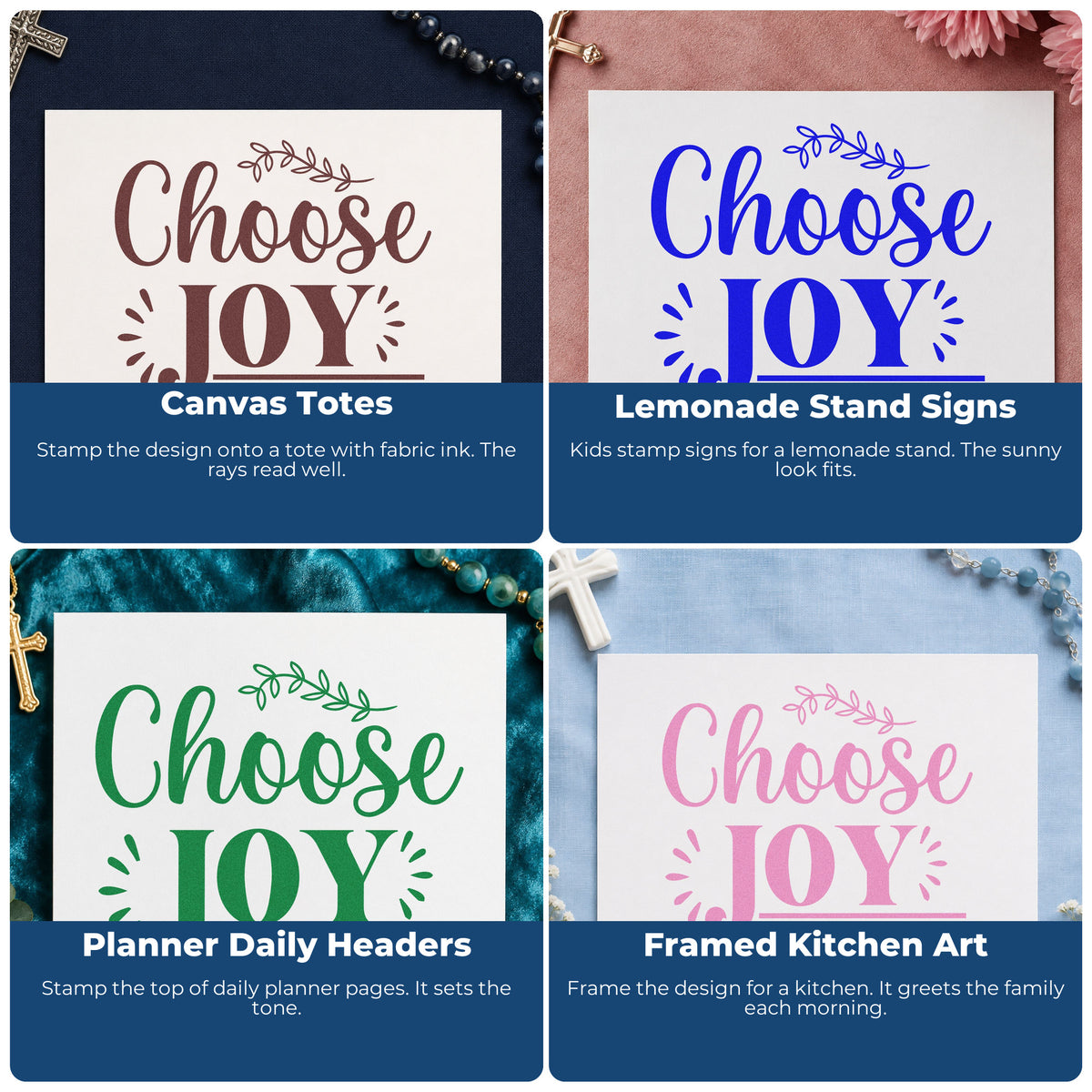Four ways to use the Choose Joy Botanical Sprig Rubber Stamp – Duo Hand: canvas totes, lemonade stand signs, planner daily headers and framed kitchen art.