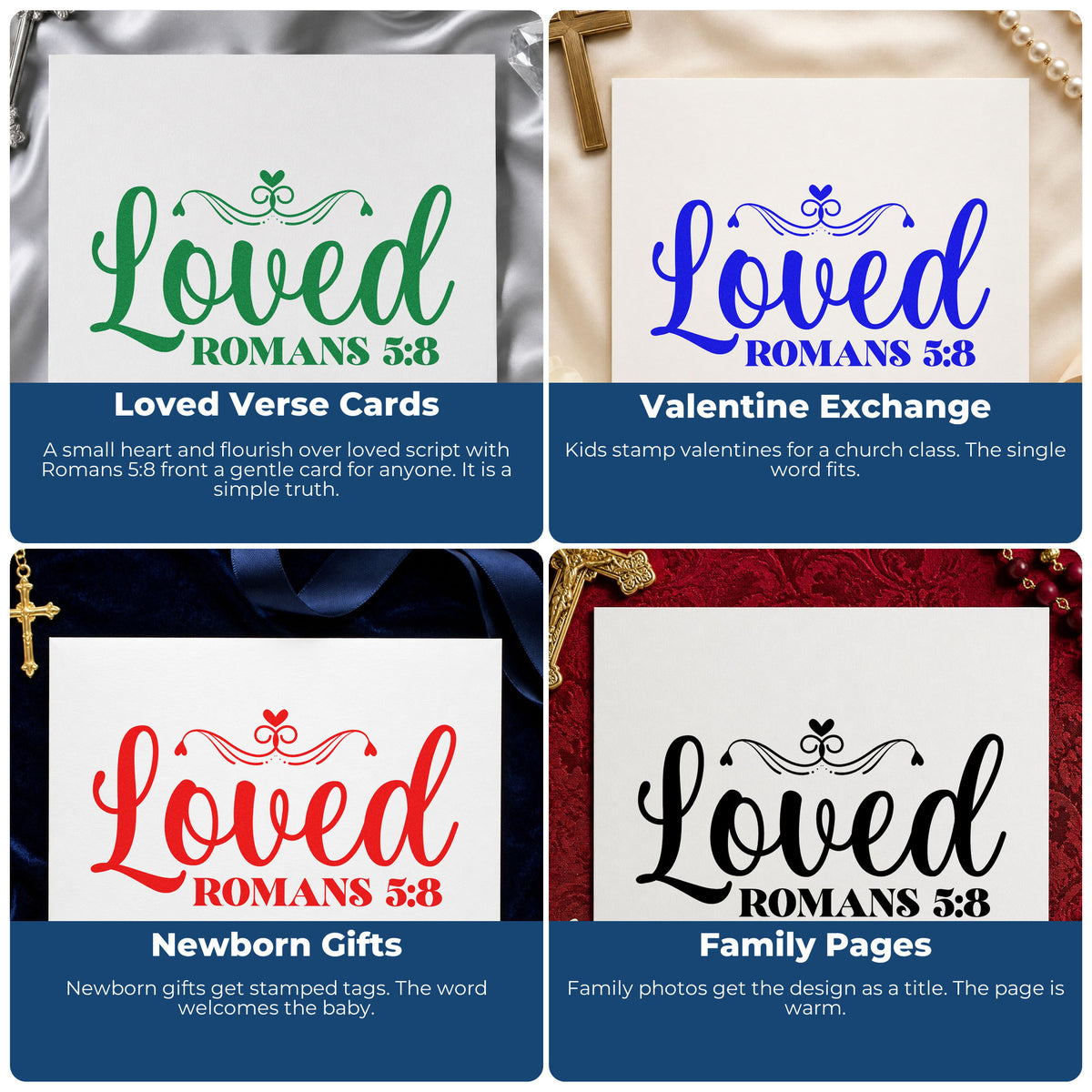 Four ways to use the Loved Romans Five Eight Craft Stamp – Self-Inking: loved verse cards, valentine exchange, newborn gifts and family pages.