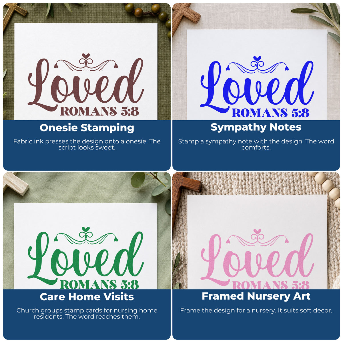 Four ways to use the Loved Romans Five Eight Premium Wood-Mounted Stamp - Vintage Pro: onesie stamping, sympathy notes, care home visits and framed nursery art.