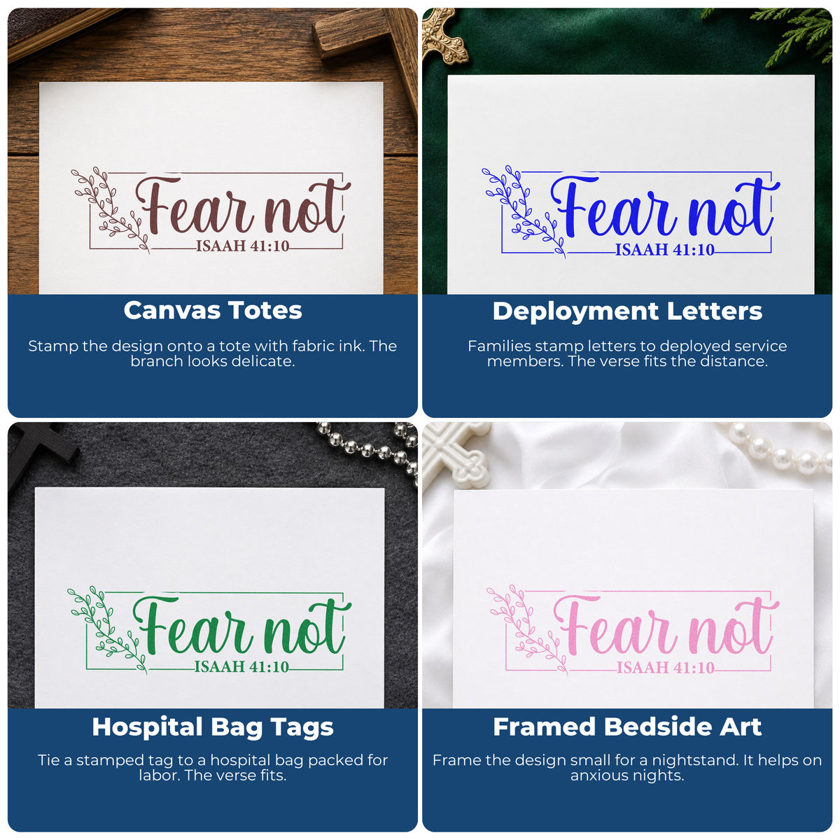 Four ways to use the Fear Not PSI Pre-Inked Stamp: canvas totes, deployment letters, hospital bag tags and framed bedside art.