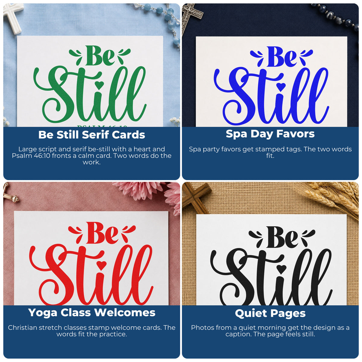 Four ways to use the Be Still Rubber Stamp – Wood Handle: be still serif cards, spa day favors, yoga class welcomes and quiet pages.
