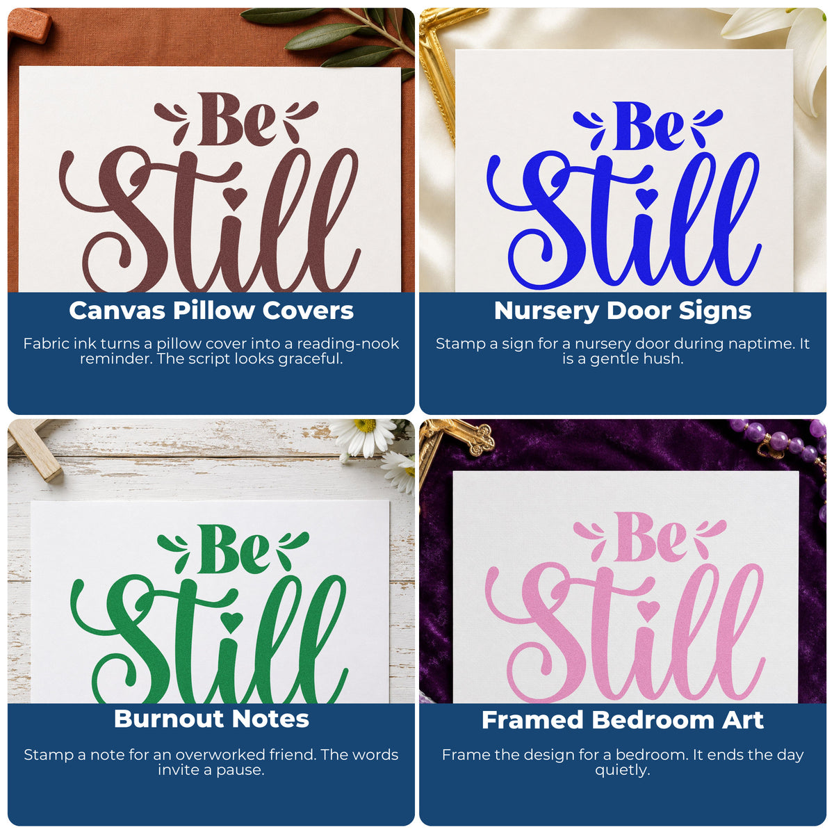 Four ways to use the Be Still Rubber Stamp – Wood Handle: canvas pillow covers, nursery door signs, burnout notes and framed bedroom art.