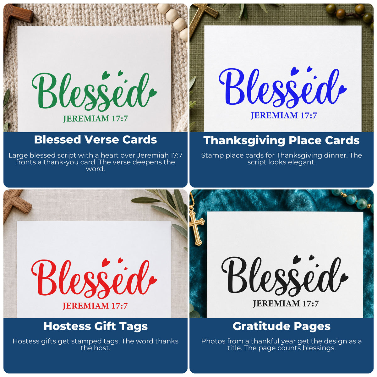 Four ways to use the Blessed Jeremiah With Hearts Self-Inking Craft Stamp: blessed verse cards, thanksgiving place cards, hostess gift tags and gratitude pages.