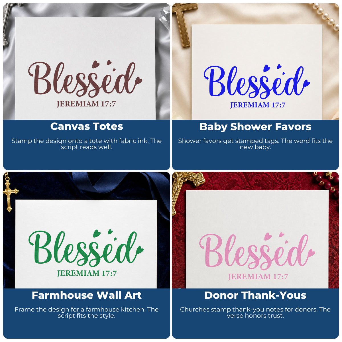 Four ways to use the Blessed Jeremiah With Hearts Self-Inking Craft Stamp: canvas totes, baby shower favors, farmhouse wall art and donor thank-yous.
