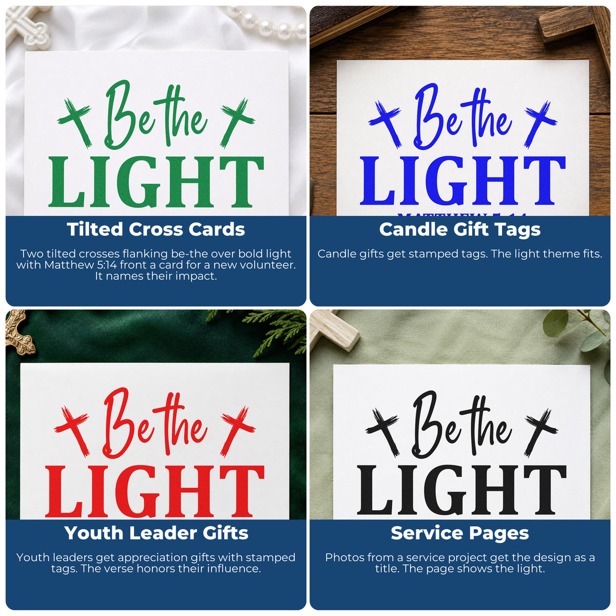 Four ways to use the Be The Light Crosses Pre-Inked Stamp – Slim: tilted cross cards, candle gift tags, youth leader gifts and service pages.