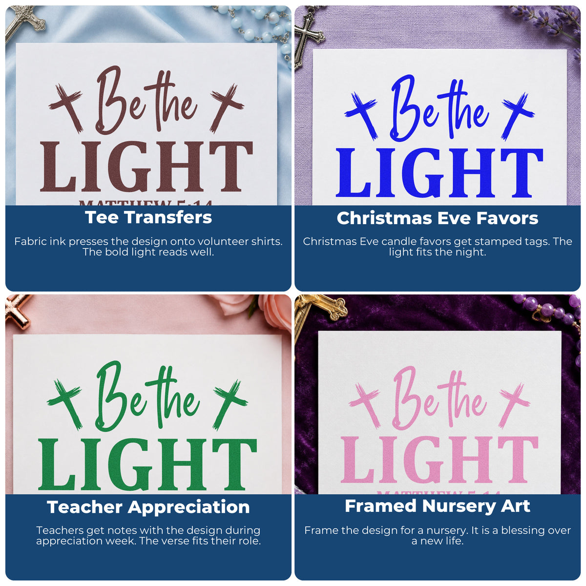 Four ways to use the Be The Light Crosses Wood-Mounted Rubber Stamp: tee transfers, christmas eve favors, teacher appreciation and framed nursery art.