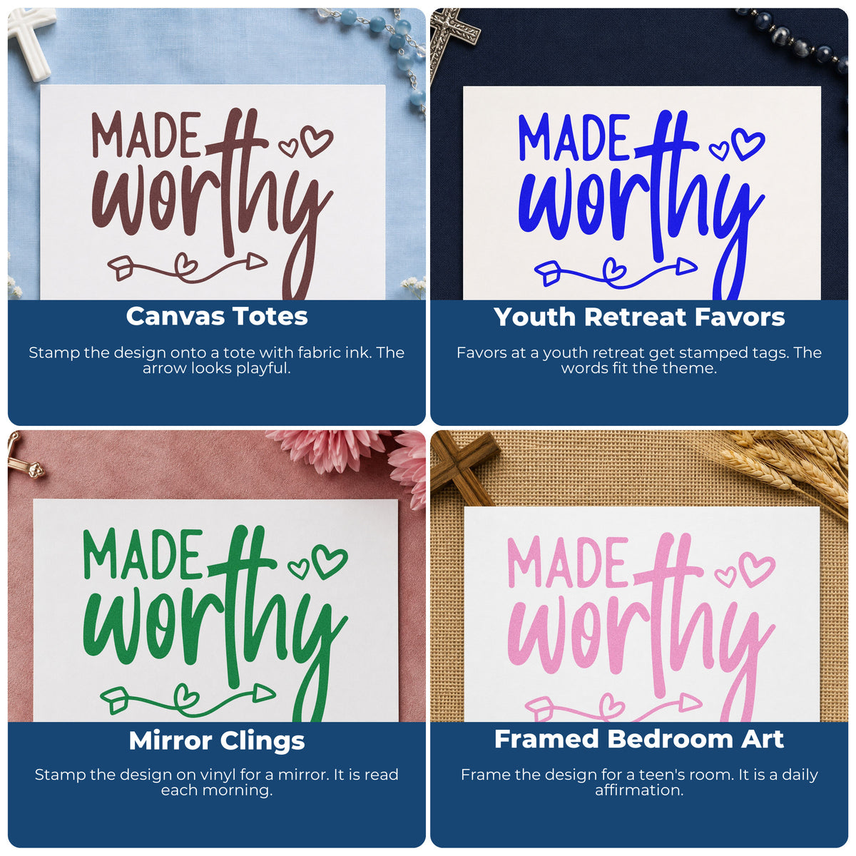 Four ways to use the Self-Inking Made Worthy With Cross Stamp: canvas totes, youth retreat favors, mirror clings and framed bedroom art.