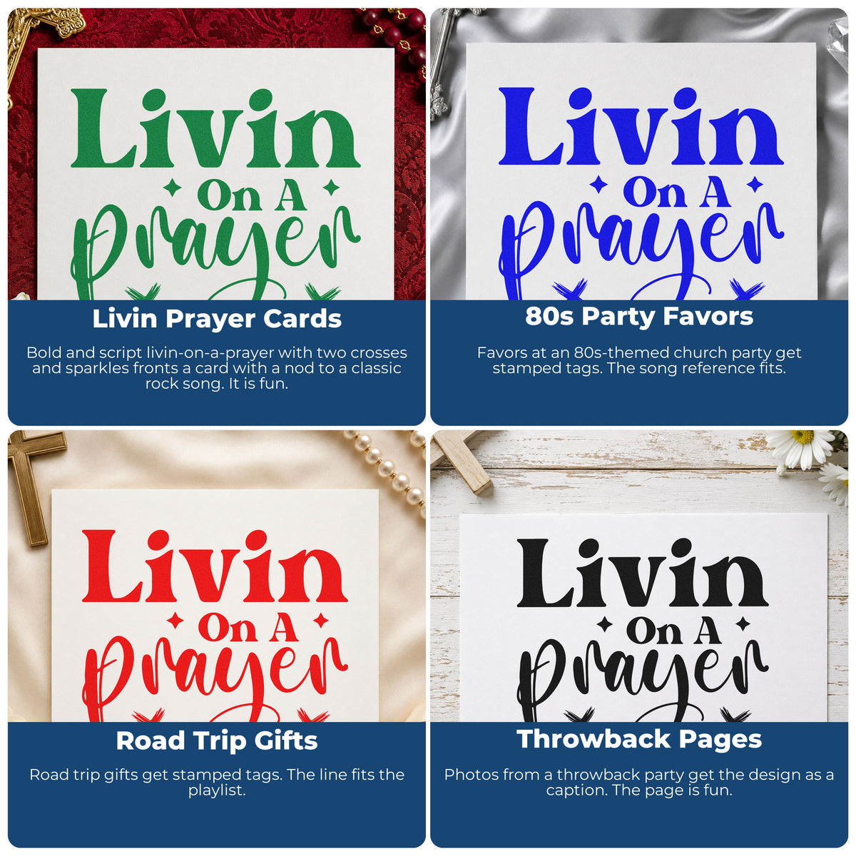 Four ways to use the Vintage Pro Livin On A Prayer Premium Wooden Stamp: livin prayer cards, 80s party favors, road trip gifts and throwback pages.