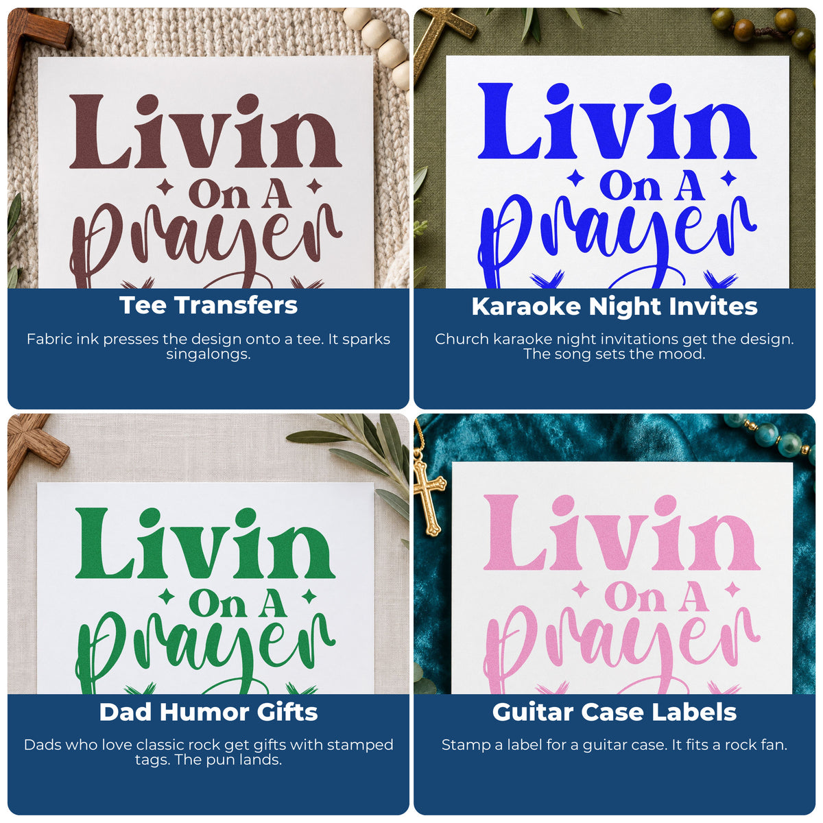 Four ways to use the Wood Handle Livin On A Prayer Rubber Stamp: tee transfers, karaoke night invites, dad humor gifts and guitar case labels.