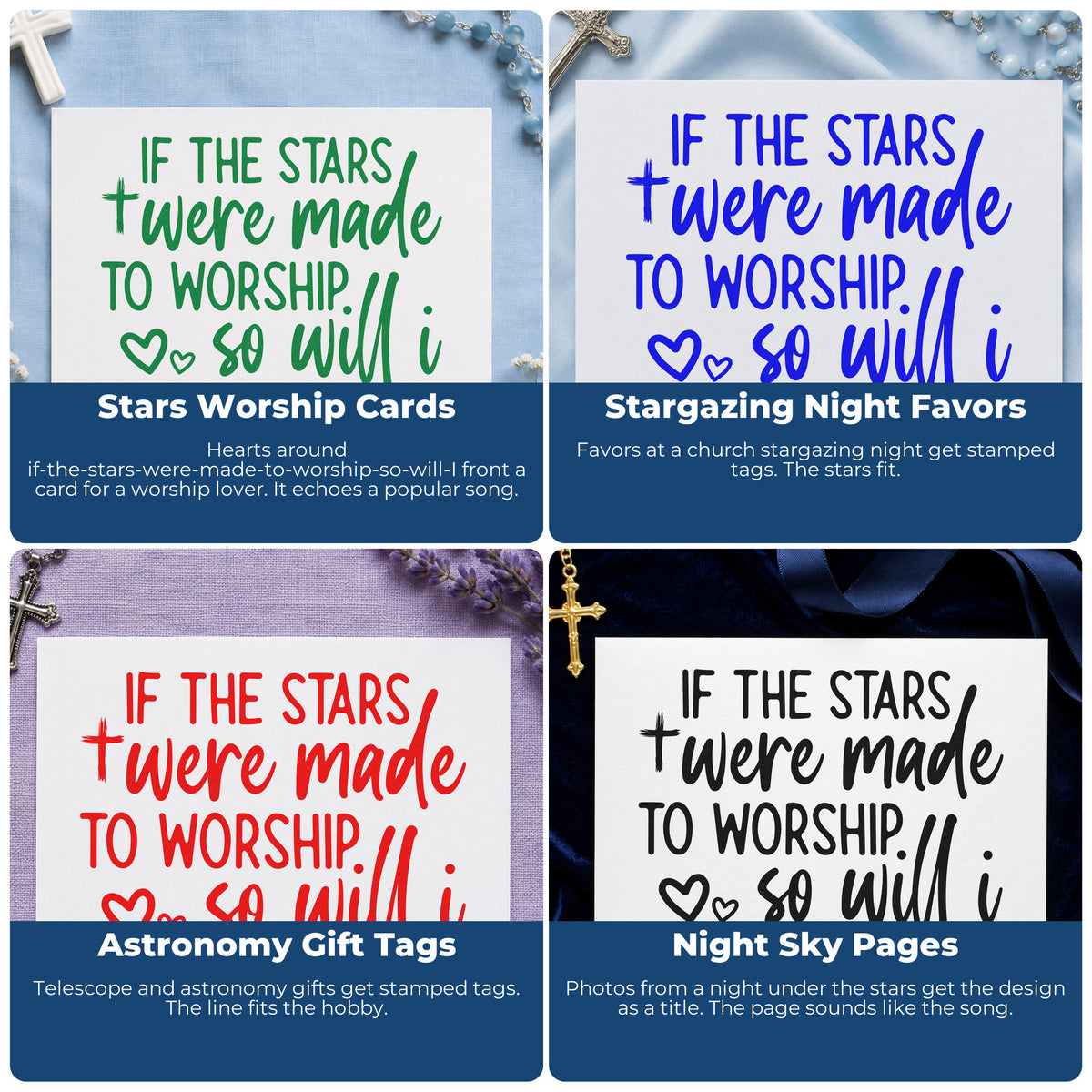 Four ways to use the Stars Were Made To Worship Stamp – PSI Pre-Inked: stars worship cards, stargazing night favors, astronomy gift tags and night sky pages.