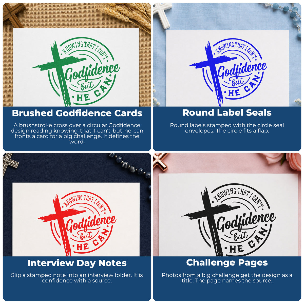 Four ways to use the Godfidence Cross Badge Rubber Stamp – Wood Handle: brushed godfidence cards, round label seals, interview day notes and challenge pages.