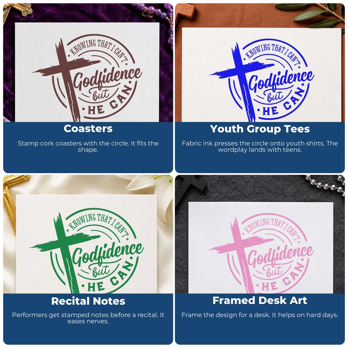 Four ways to use the Godfidence Cross Badge Rubber Stamp – Wood Handle: coasters, youth group tees, recital notes and framed desk art.