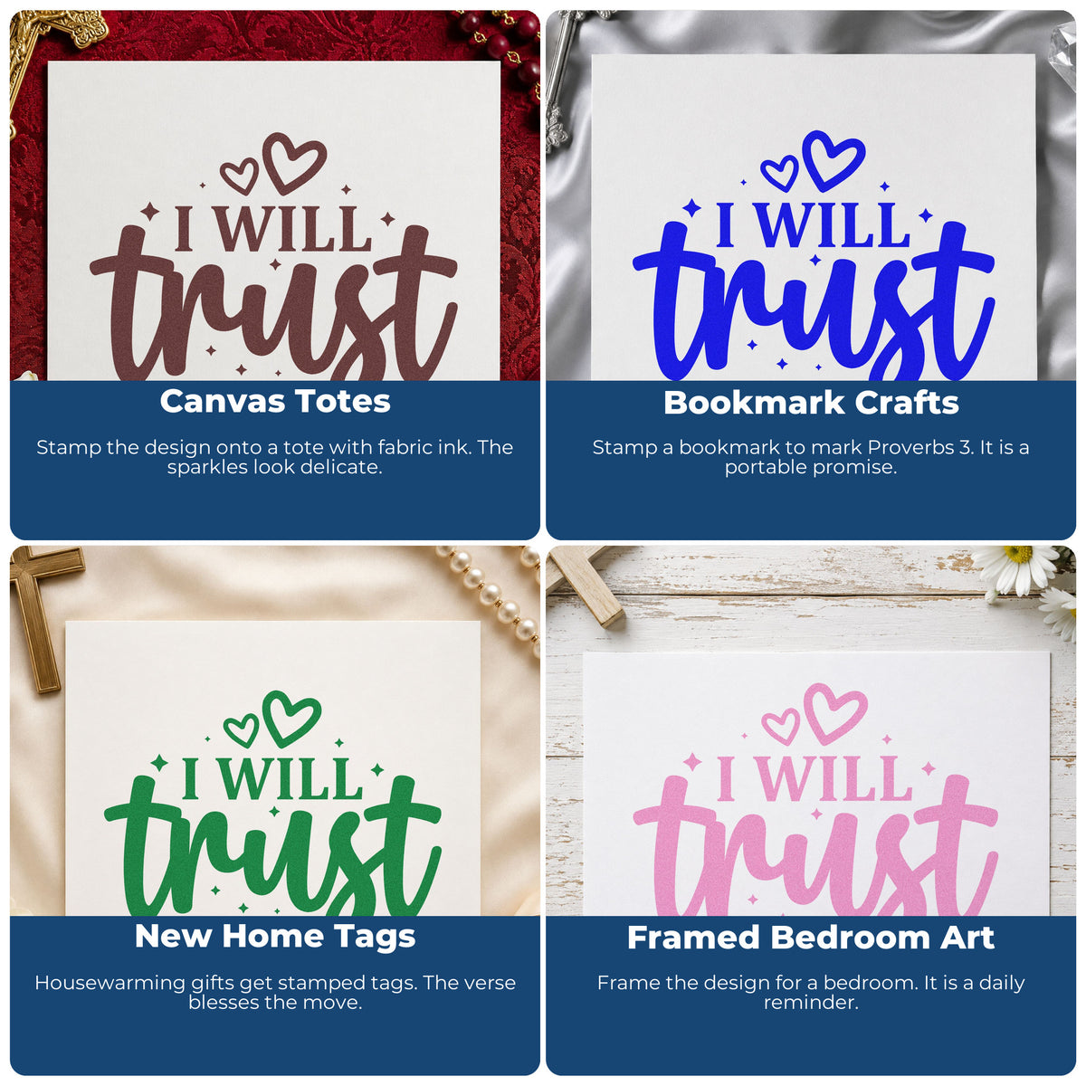 Four ways to use the I Will Trust With Hearts Pre-Inked Stamp – PSI: canvas totes, bookmark crafts, new home tags and framed bedroom art.