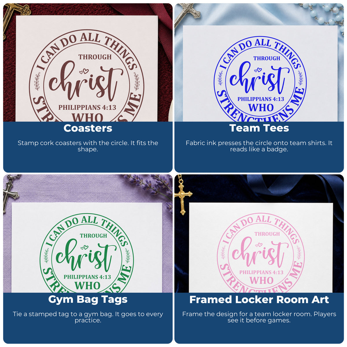 Four ways to use the Christ Strengthens Me Circle Rubber Stamp – Wood Handle: coasters, team tees, gym bag tags and framed locker room art.