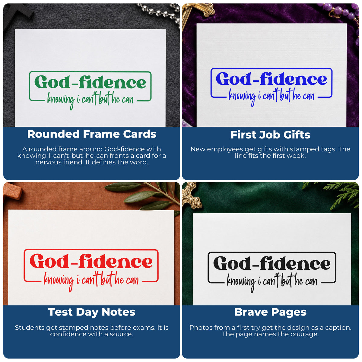 Four ways to use the Godfidence Knowing Emblem Stamp – Wood Handle: rounded frame cards, first job gifts, test day notes and brave pages.