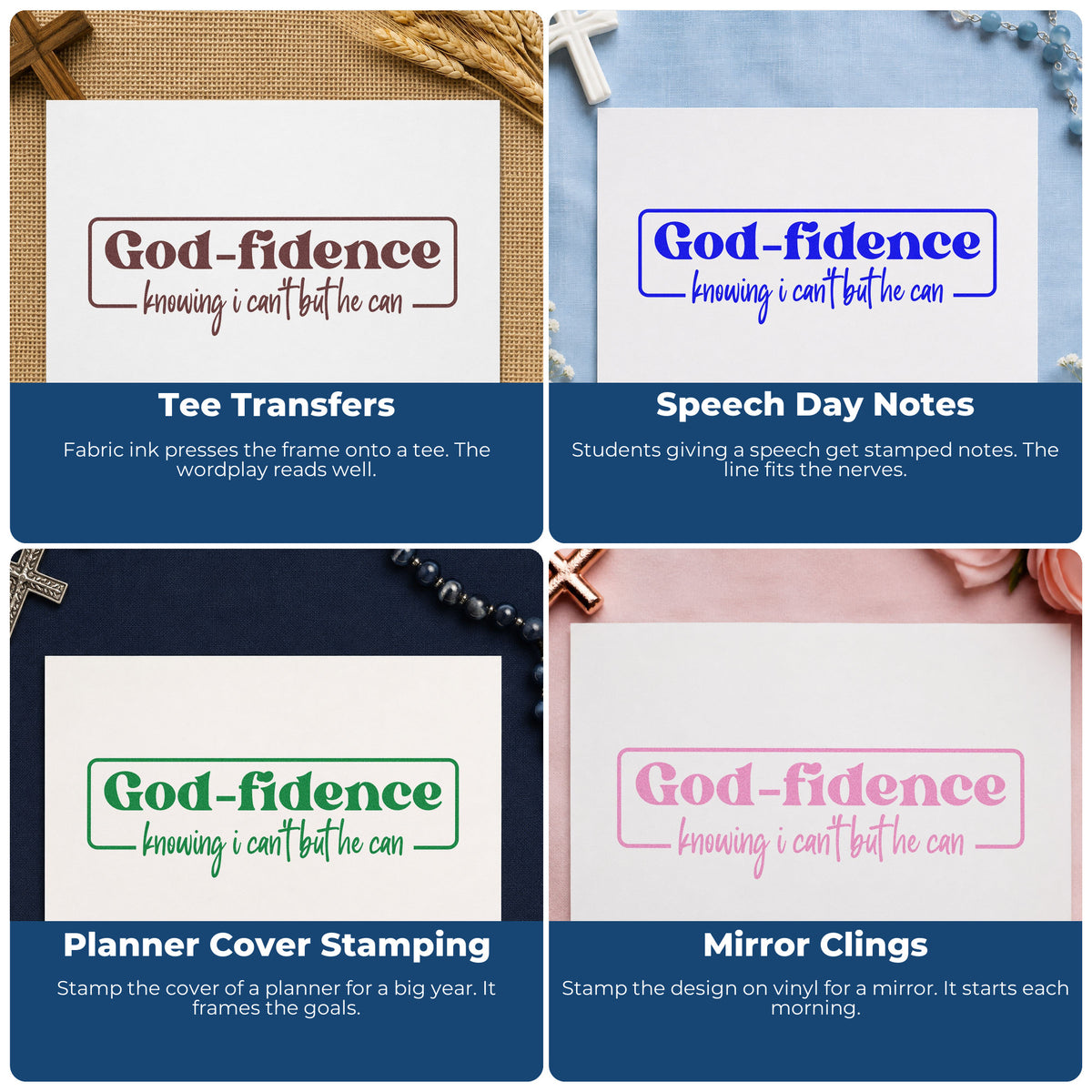 Four ways to use the Godfidence Knowing Emblem Self-Inking Stamp: tee transfers, speech day notes, planner cover stamping and mirror clings.