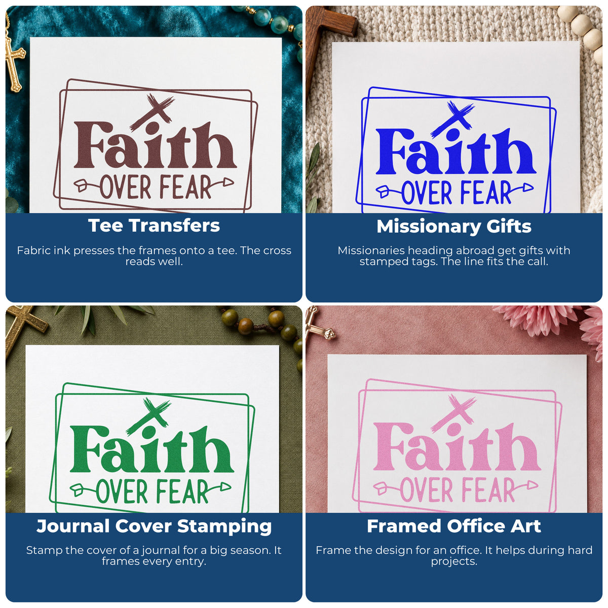 Four ways to use the Faith Over Fear Double Frame Slim Pre-Inked Stamp: tee transfers, missionary gifts, journal cover stamping and framed office art.