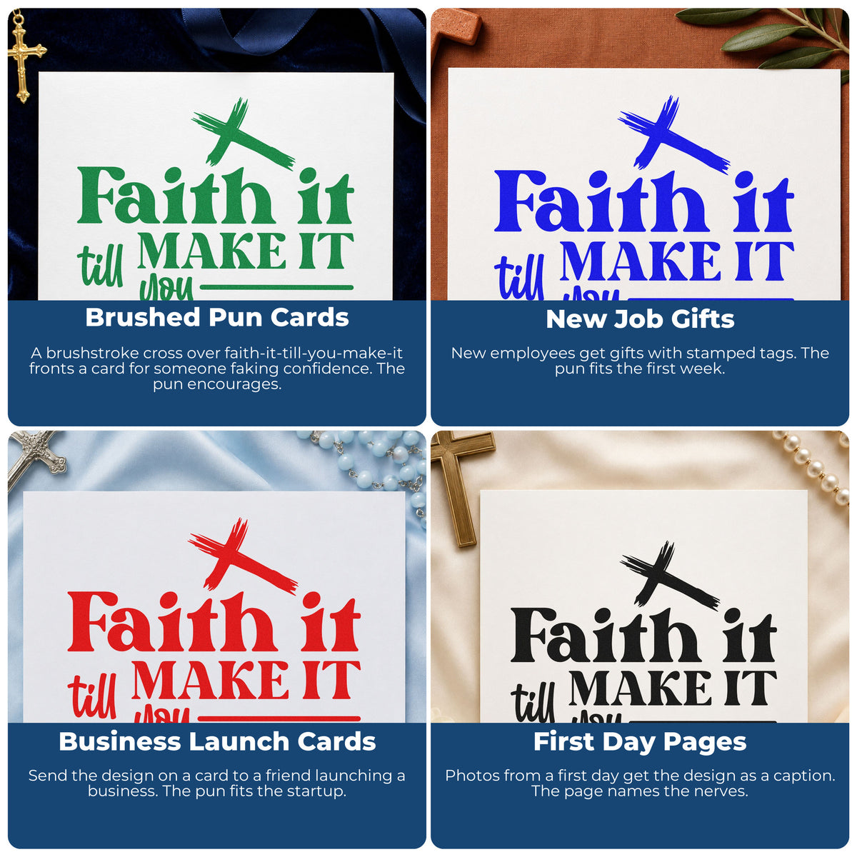 Four ways to use the Faith It Till You Make It Brushstroke Cross Self-Inking Craft Stamp: brushed pun cards, new job gifts, business launch cards and first day pages.