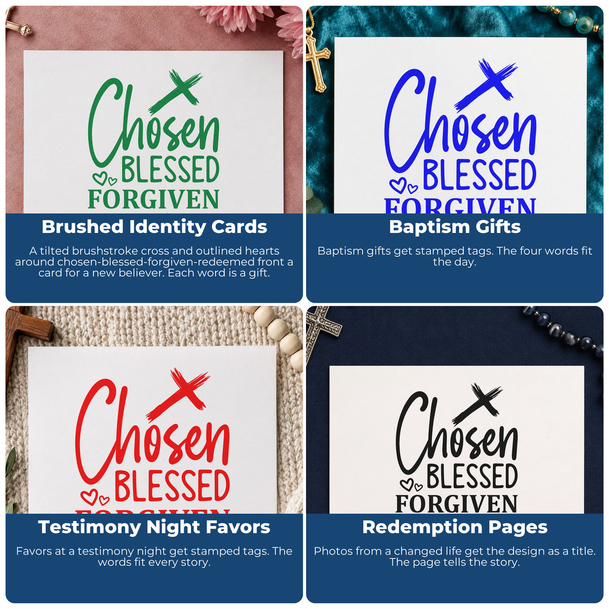 Four ways to use the Chosen, Blessed, Forgiven, Redeemed Brushstroke Cross Slim Pre-Inked Stamp: brushed identity cards, baptism gifts, testimony night favors and redemption pages.