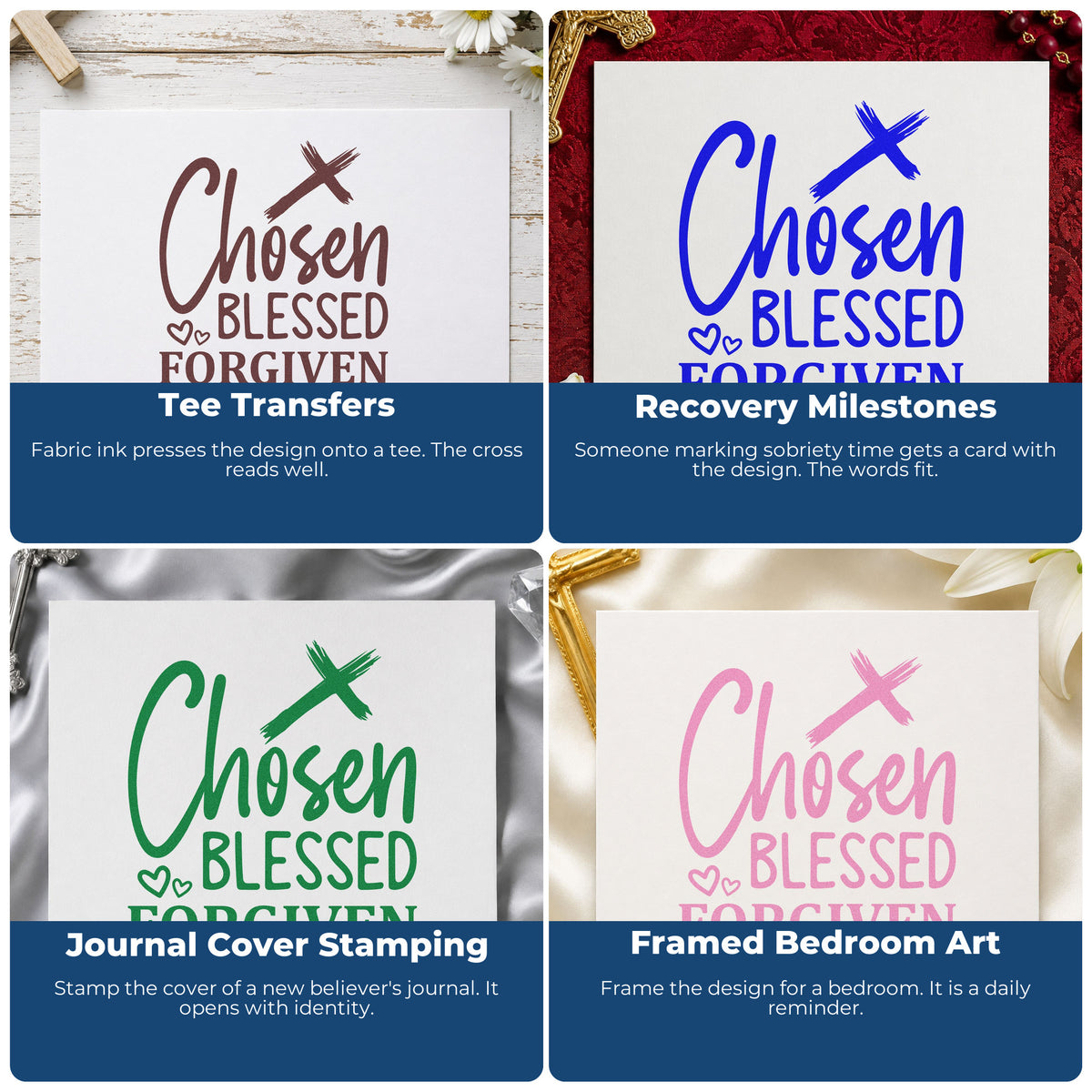 Four ways to use the Chosen, Blessed, Forgiven, Redeemed Brushstroke Cross Premium Wooden Stamp - Vintage Pro: tee transfers, recovery milestones, journal cover stamping and framed bedroom art.