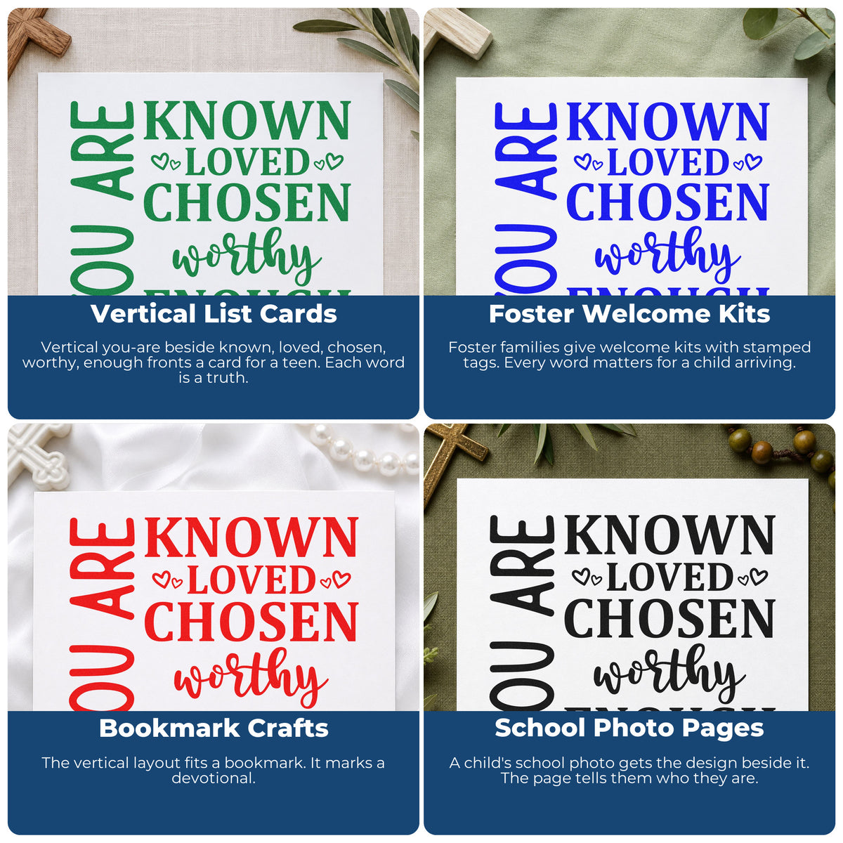 Four ways to use the You Are Known Loved Chosen Stamp – Self-Inking: vertical list cards, foster welcome kits, bookmark crafts and school photo pages.