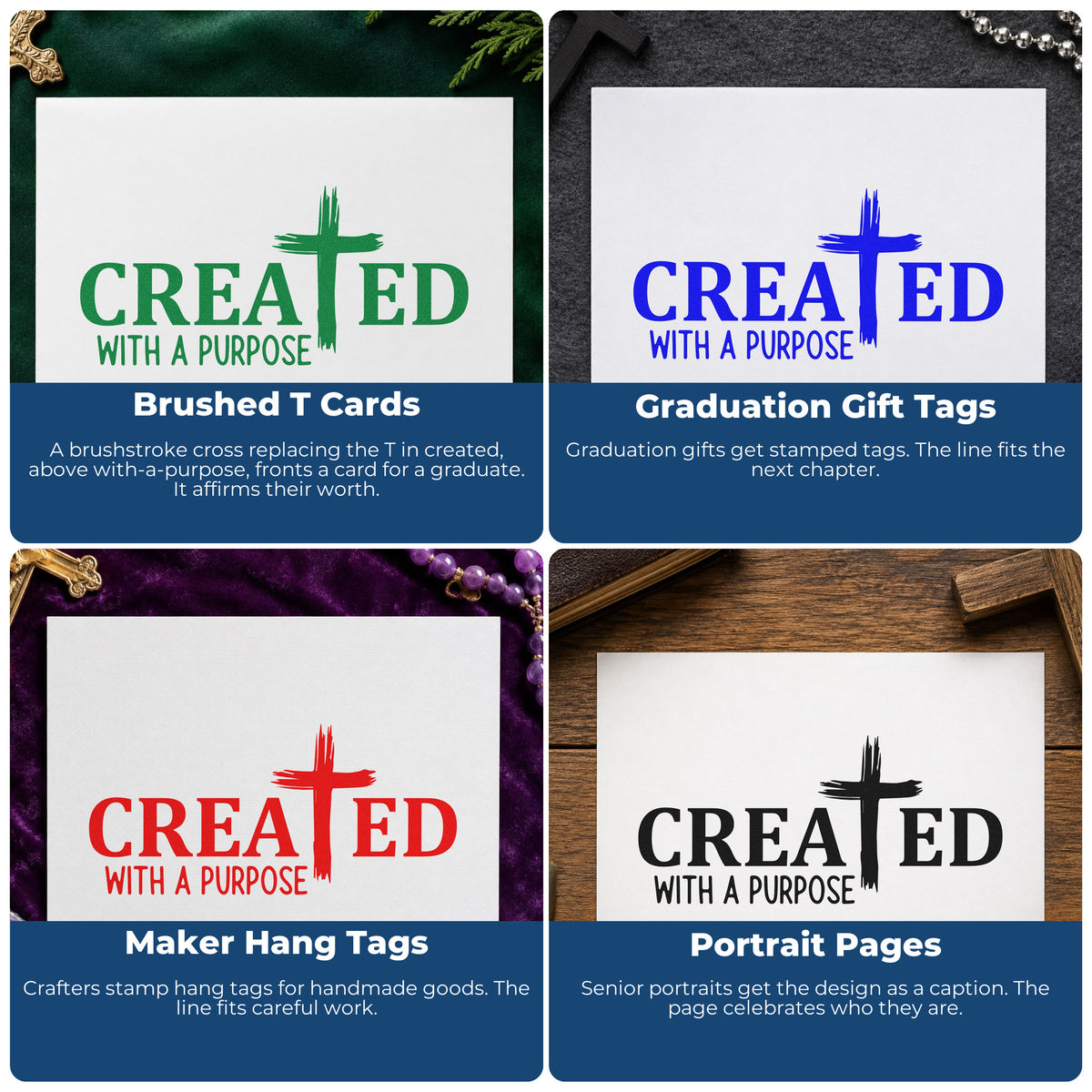 Four ways to use the Created Brushstroke Cross Wood Handle Stamp: brushed t cards, graduation gift tags, maker hang tags and portrait pages.