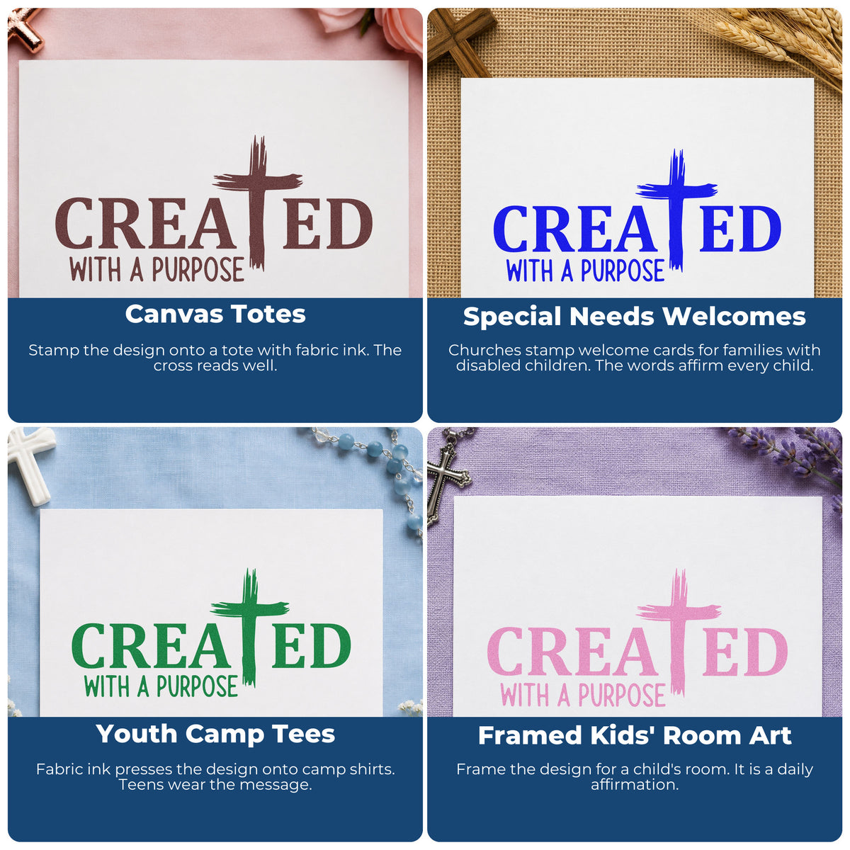 Four ways to use the Created Brushstroke Cross Self-Inking Stamp: canvas totes, special needs welcomes, youth camp tees and framed kids' room art.