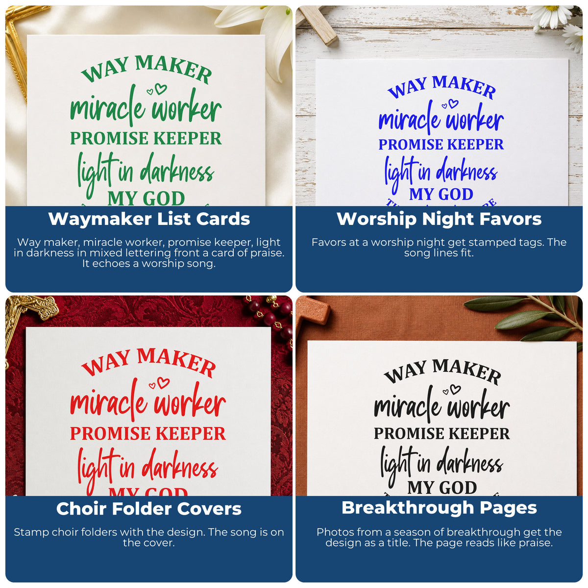 Four ways to use the Way Maker Miracle Worker Hand Stamp – Duo: waymaker list cards, worship night favors, choir folder covers and breakthrough pages.