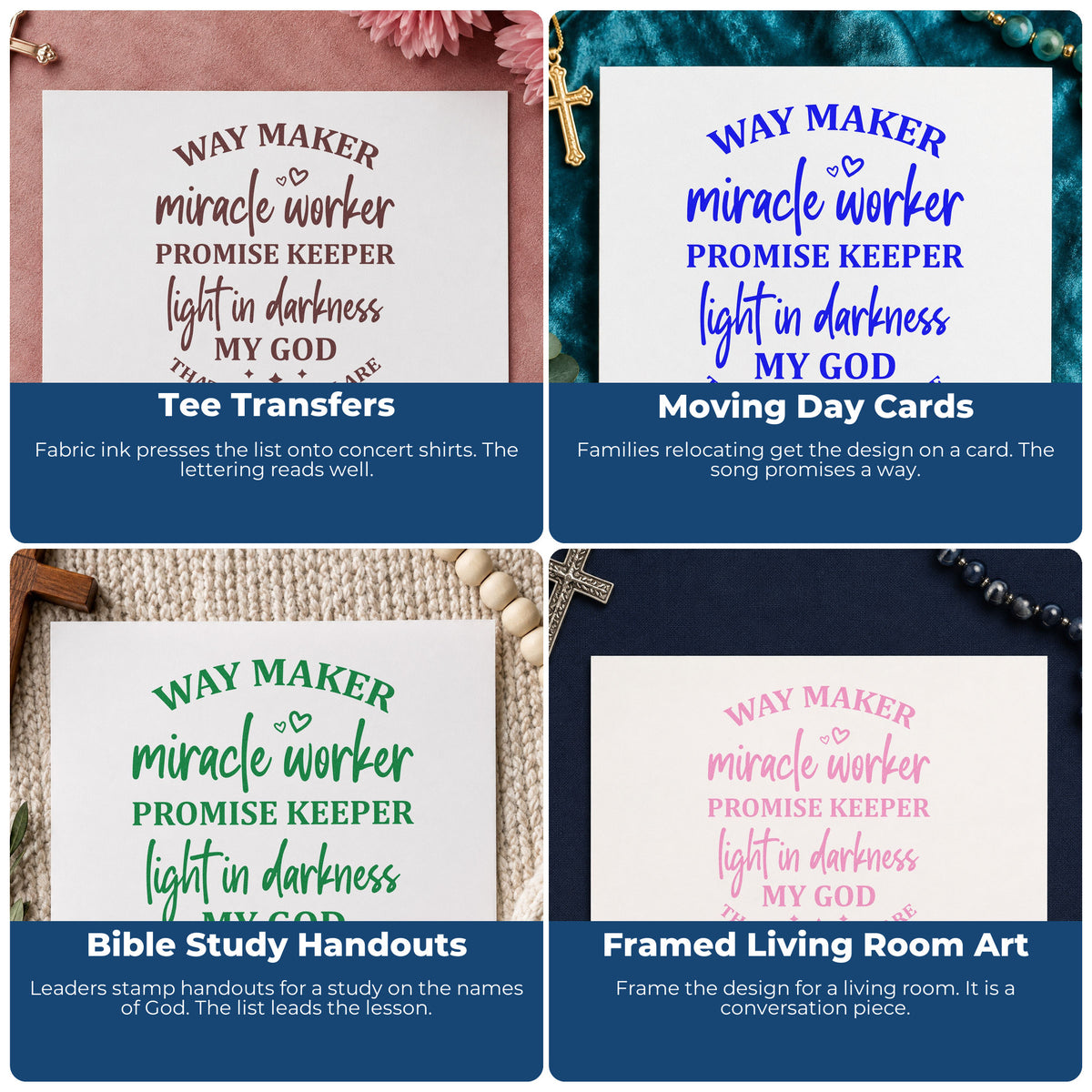 Four ways to use the Way Maker Miracle Worker Stamp – Self-Inking: tee transfers, moving day cards, bible study handouts and framed living room art.