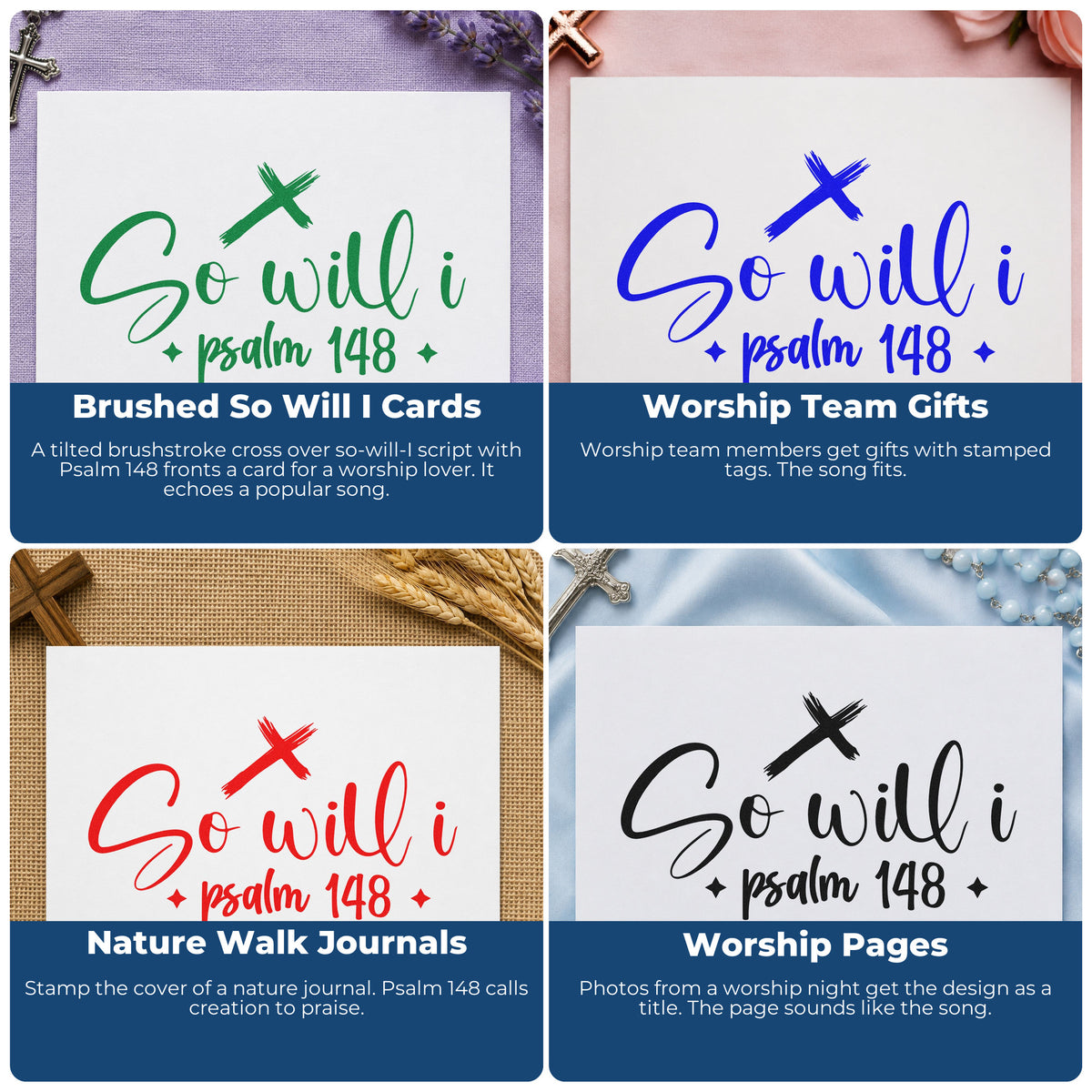 Four ways to use the So Will I Cross Rubber Stamp – Wood Handle: brushed so will i cards, worship team gifts, nature walk journals and worship pages.