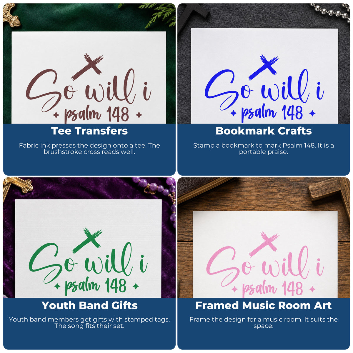 Four ways to use the So Will I Cross Rubber Stamp – Wood Handle: tee transfers, bookmark crafts, youth band gifts and framed music room art.
