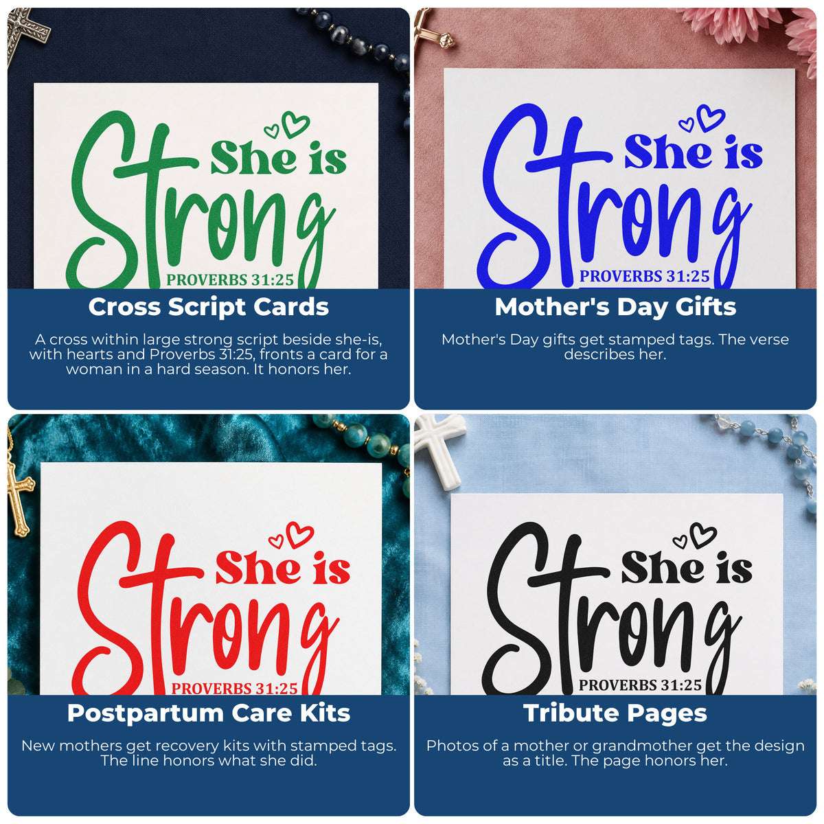 Four ways to use the She Is Strong Cross Script Lettering Self-Inking Stamp: cross script cards, mother's day gifts, postpartum care kits and tribute pages.