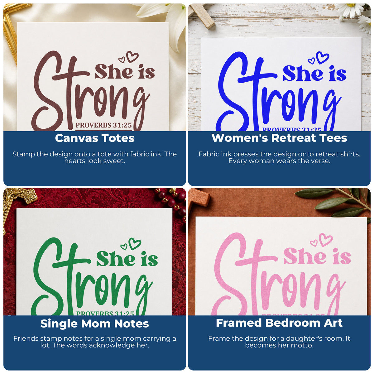 Four ways to use the She Is Strong Cross Script Lettering Compact Pre-Inked Stamp – Slim: canvas totes, women's retreat tees, single mom notes and framed bedroom art.