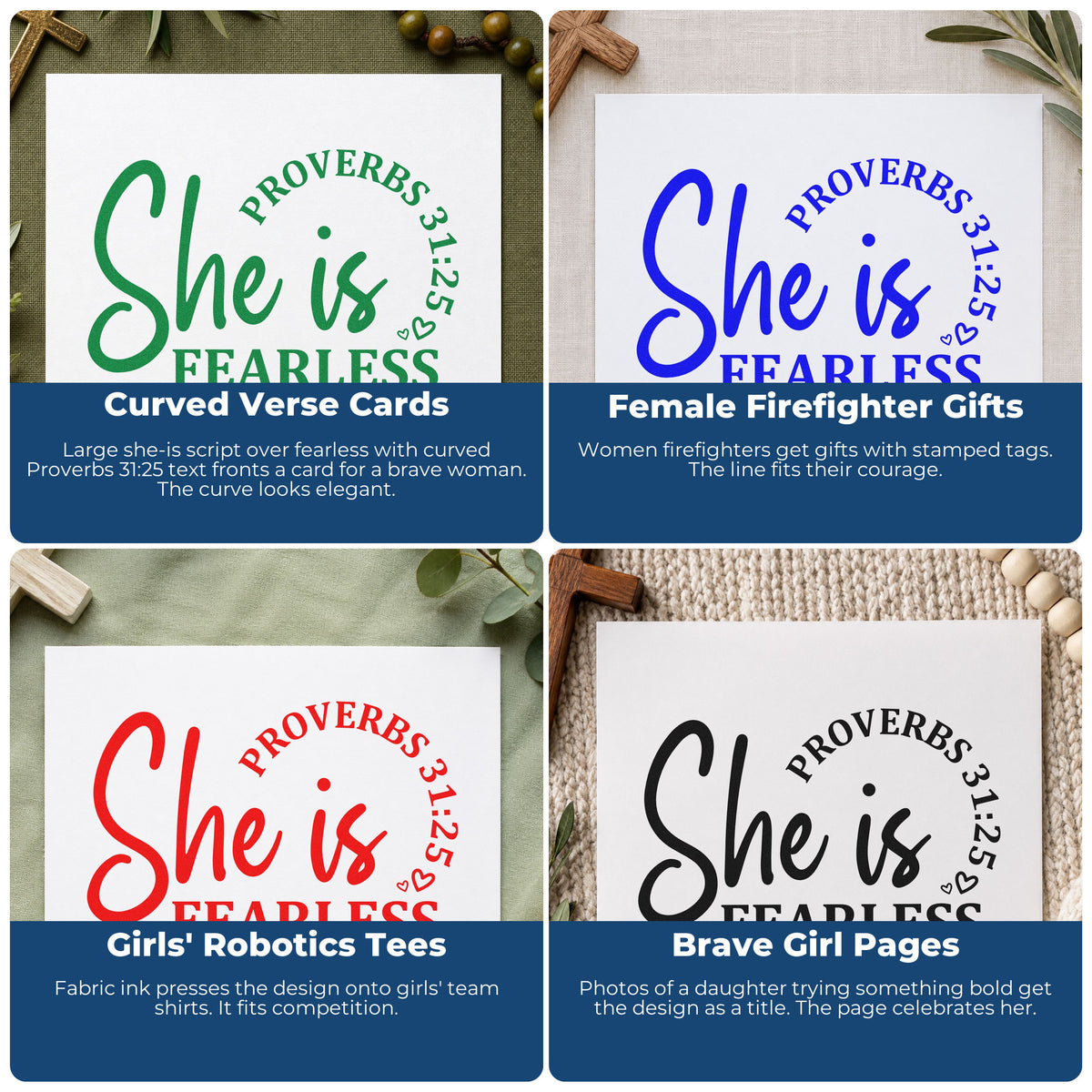 Four ways to use the PSI Pre-Inked She Is Fearless Script Stamp: curved verse cards, female firefighter gifts, girls' robotics tees and brave girl pages.