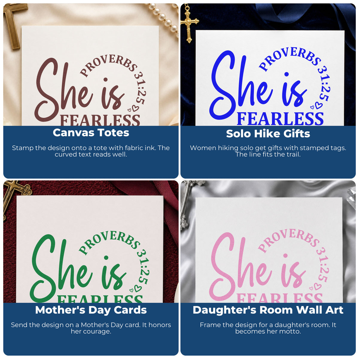 Four ways to use the Vintage Pro She Is Fearless Script Premium Wooden Stamp: canvas totes, solo hike gifts, mother's day cards and daughter's room wall art.