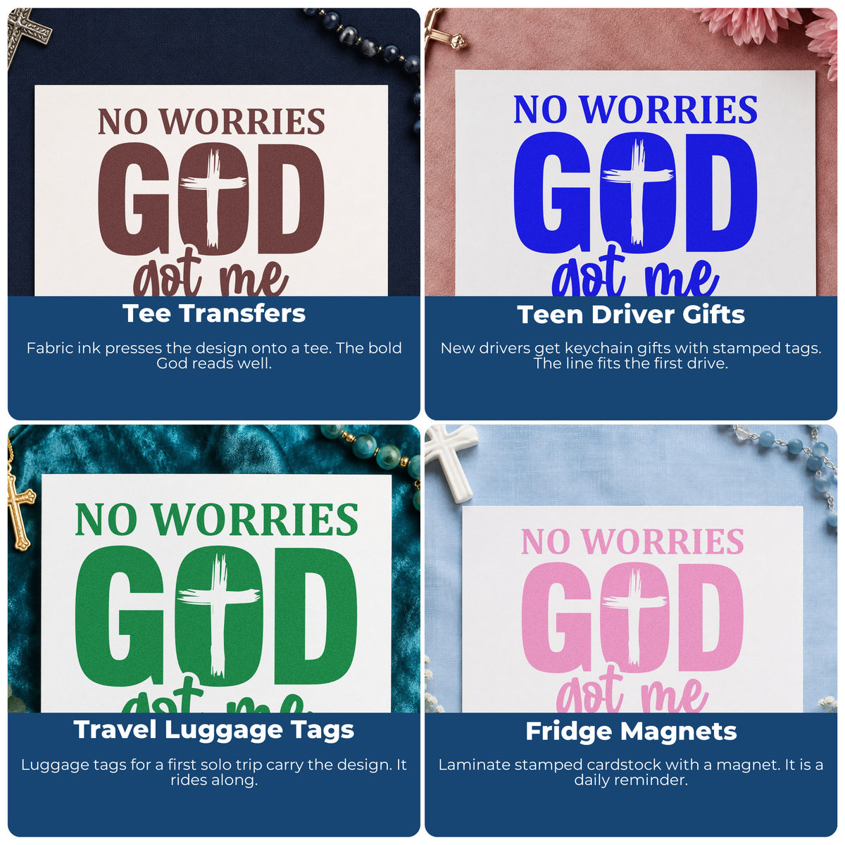 Four ways to use the God Got Me No Worries Cross Hand Stamp – Duo: tee transfers, teen driver gifts, travel luggage tags and fridge magnets.
