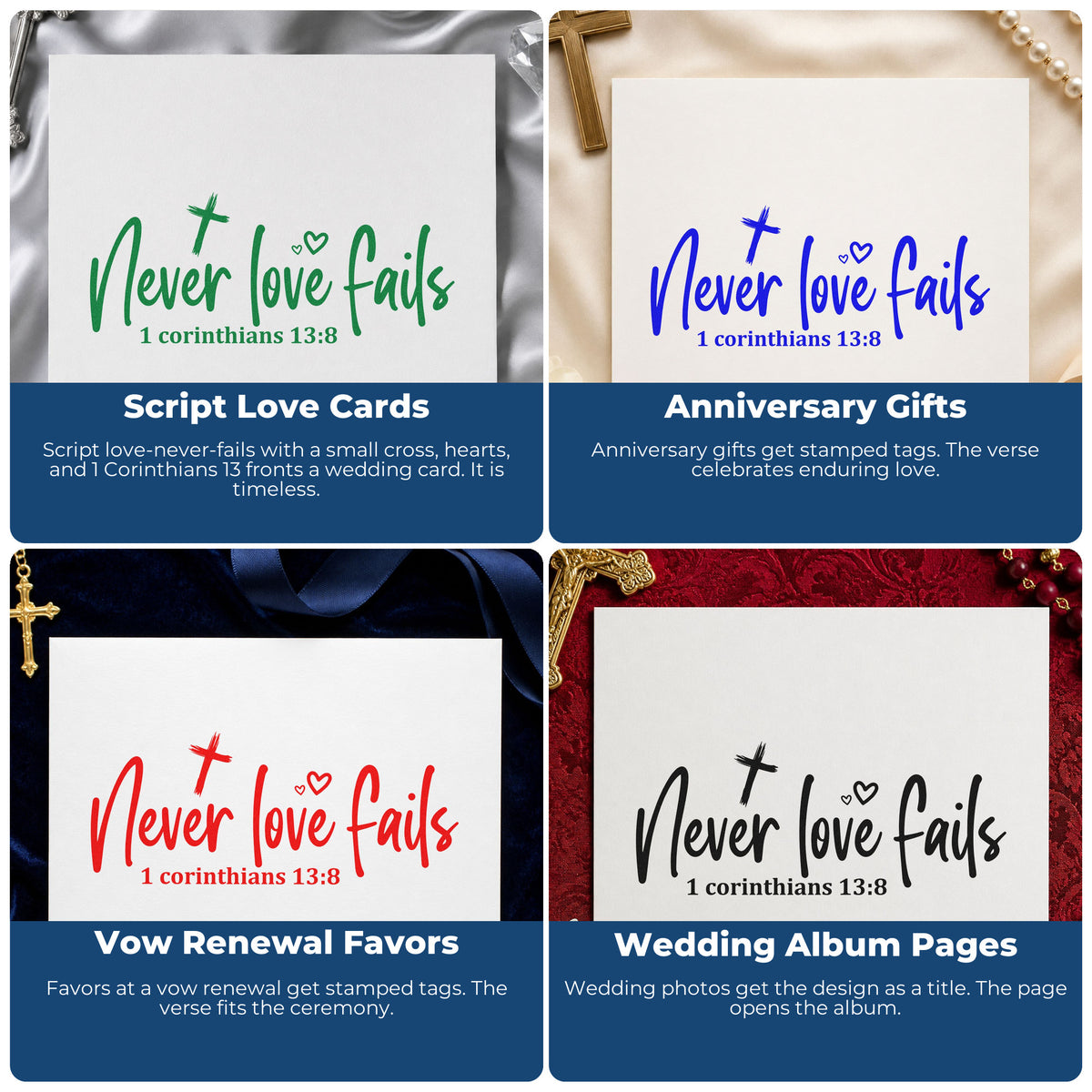 Four ways to use the Never Love Fails Scripture Word Art Rubber Stamp – Wood Handle: script love cards, anniversary gifts, vow renewal favors and wedding album pages.