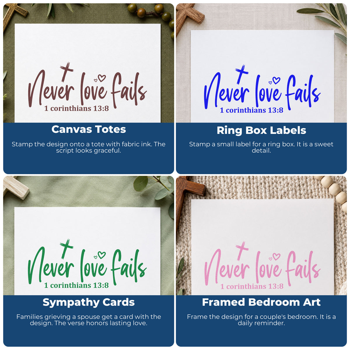 Four ways to use the Never Love Fails Scripture Word Art Rubber Stamp – Wood Handle: canvas totes, ring box labels, sympathy cards and framed bedroom art.