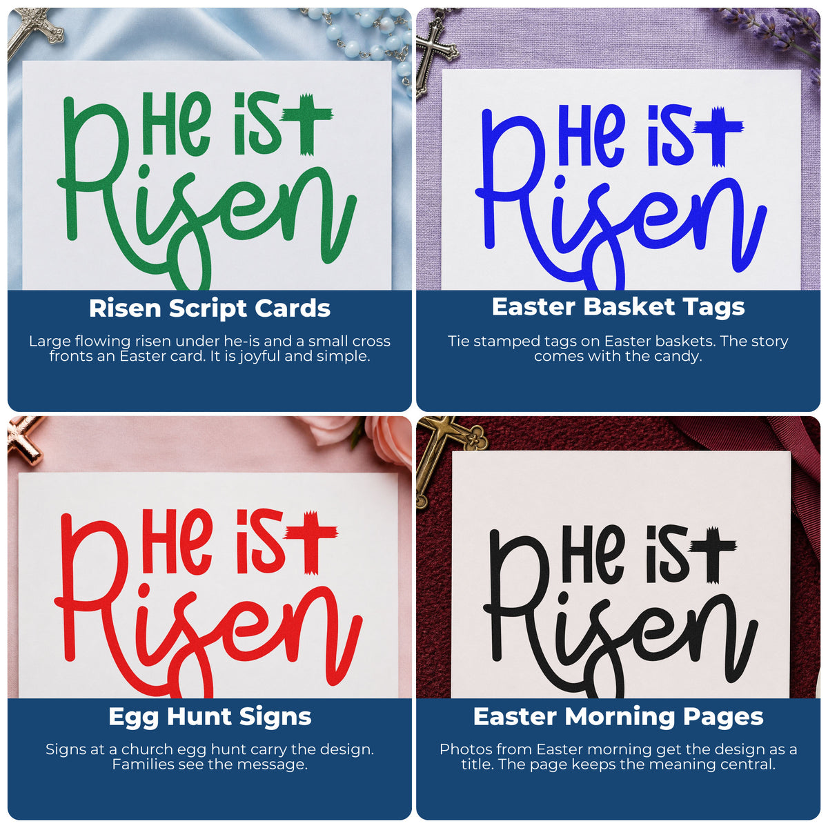 Four ways to use the He Is Risen Script Rubber Stamp – Duo Hand: risen script cards, easter basket tags, egg hunt signs and easter morning pages.