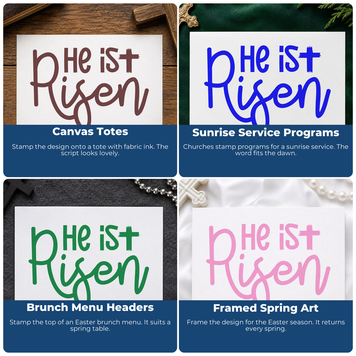 Four ways to use the Wood Handle He Is Risen Script Rubber Stamp: canvas totes, sunrise service programs, brunch menu headers and framed spring art.