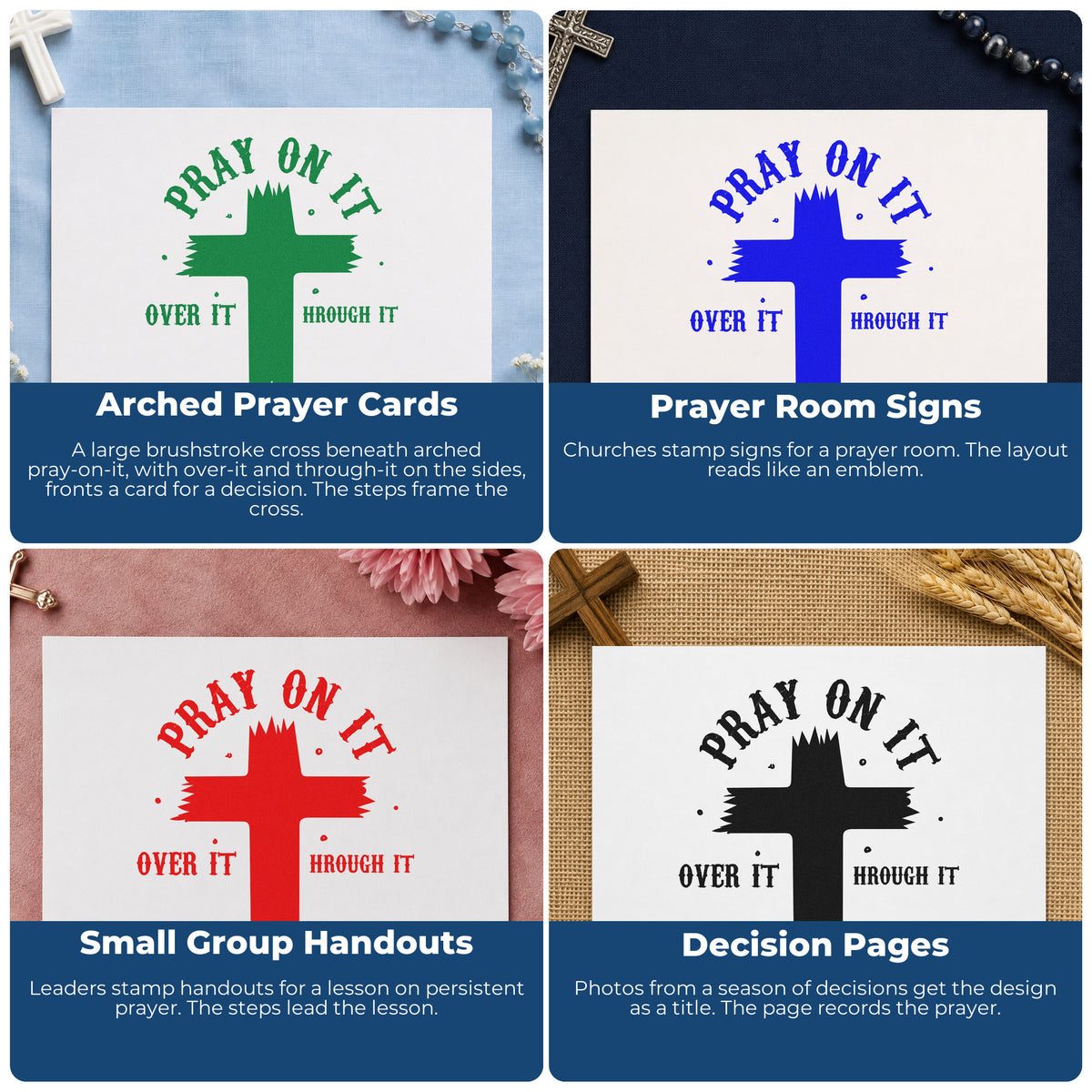 Four ways to use the Pray On It Brush Cross Arch Slim Pre-Inked Stamp: arched prayer cards, prayer room signs, small group handouts and decision pages.
