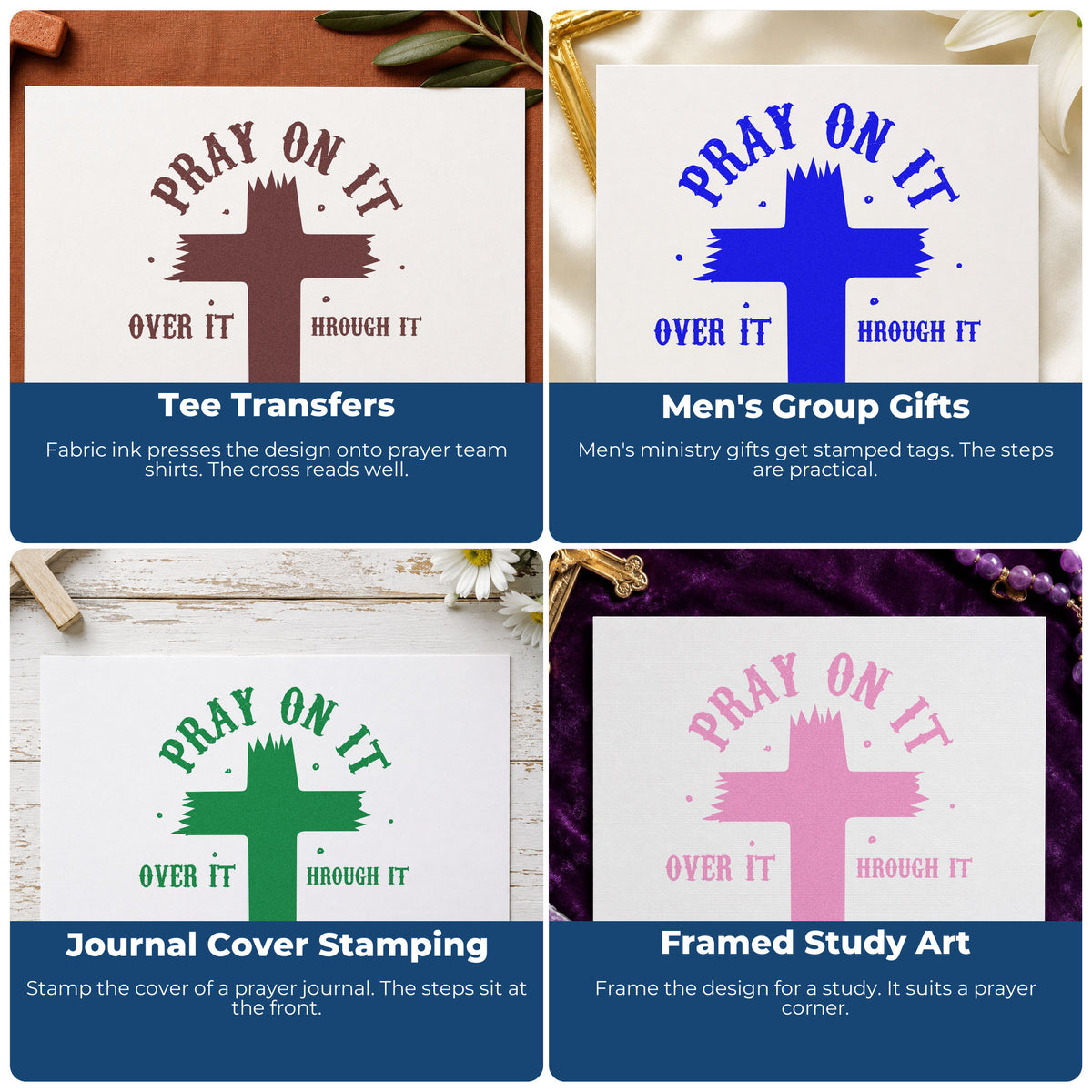 Four ways to use the Pray On It Brush Cross Arch Self-Inking Stamp: tee transfers, men's group gifts, journal cover stamping and framed study art.